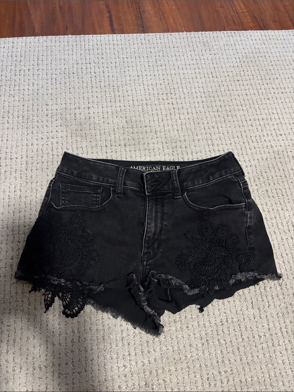 American Eagle Outfitters Black Lace-Appliqué Denim Cutoff Shorts